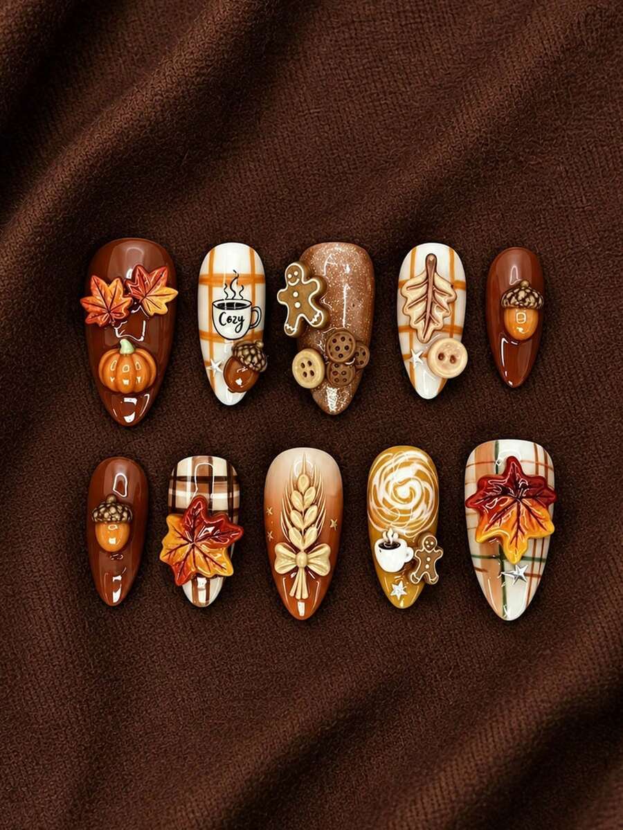 10pcs Autumn Medium Almond Shaped Press-On Nails Set, 3D Pumpkin Maple ...