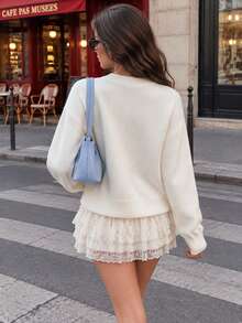 Women's Fall Knitted Round Neck Pullover Sweater With Drop Shoulder Long Sleeves, Medium Stretch Regular Fit Knit Top For Autumn Casual Wear - White - View 2