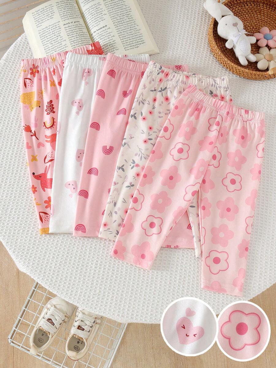 5 quần legging bé gái nhiều màu, mềm thoải mái, họa tiết in, mỏng, cho mùa xuân thu - Nhiều màu - Xem 1