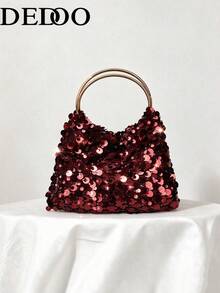 Dedoo Women's Evening Clutch Bucket Tote Bag, All-Over Sequin Pattern, Mesh Fabric, Suitable For Weddings, Parties, Balls, Nightclubs, Holiday Cocktail Events - Red - View 11