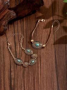 2pcs/Set Western Cowboy Style Brown Velvet Rope With Antique Gold Pattern Turquoise Accessories Double Layer Stacked Bracelet, Vintage Fashion Personalized Women's Jewelry Suitable For Daily Wear, Date, Party And Vacation - Multicolor - View 3