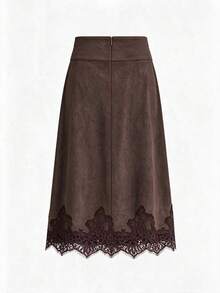Women's Brown Lace Patchwork Metal Buckle Elegant Elegant Versatile Casual Date Daily Skirt - Mocha Brown - View 3