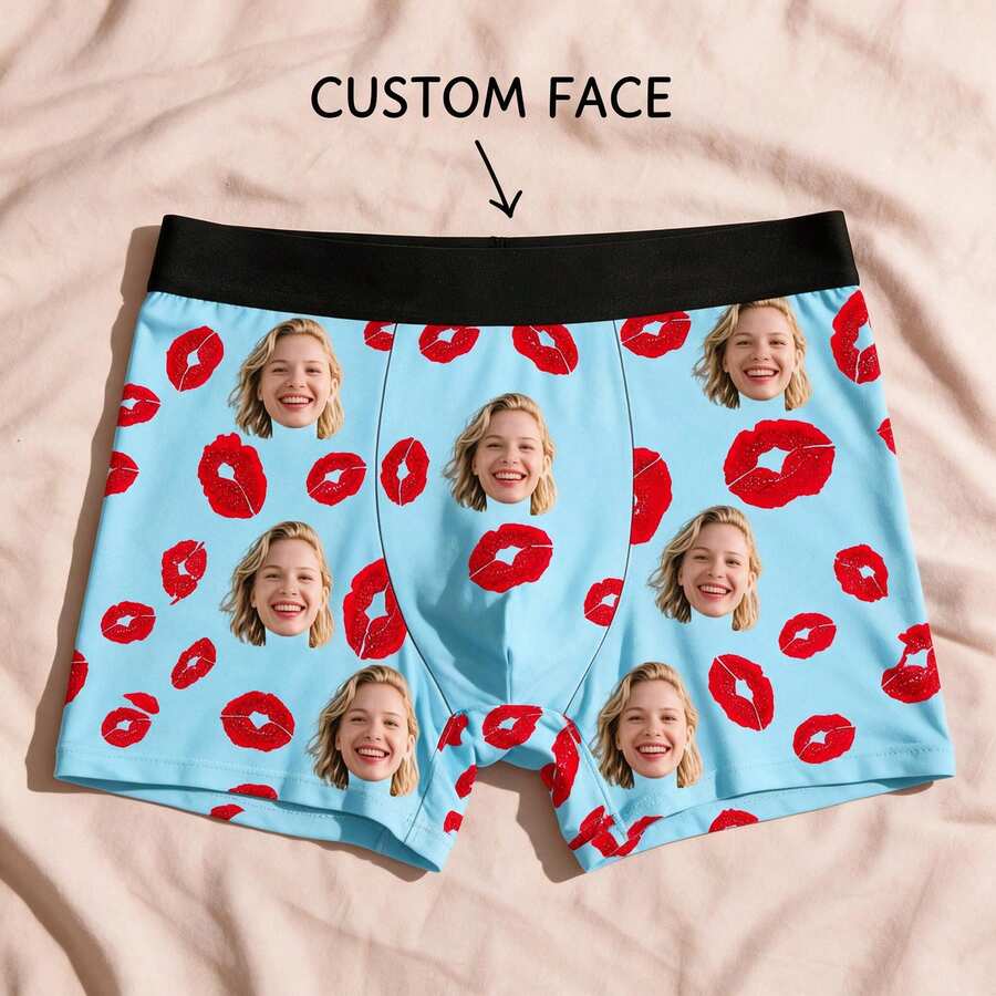 Custom Men's Boxers - Deep Navy Blue Background With Personalized Photo And Bold Red Lips Pattern | Elegant Masculine Style, Premium Custom Underwear For Boyfriend - Baby Blue - View 1