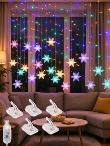 Christmas Snowflake LED Curtain String Lights, Multicolor Icicle Lights, USB Powered With Remote, 8 Modes, 5 Light Clips, For Christmas Tree, Party, Wedding & Window Backdrop Decor - Snowflake Curtain Lights - View 1