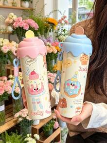 600ML 304 Stainless Steel Insulated Tumbler, Cute Ice Cream Design, Multiple Colors Available, With Portable Hanging Strap, Leak-Proof Flip Lid, Suitable For Girls, Students, Outdoor - Multicolor - View 3