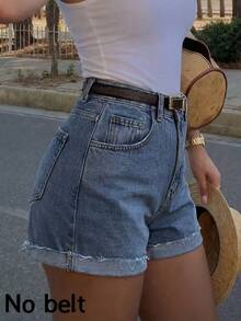 Shorts vaqueros de tiro alto lavados y remangados, de estilo minimalista y versátil, para mujer, de uso casual en verano - Azul lavado oscuro - Ver 2