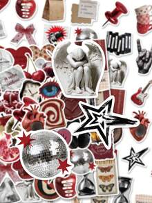50pcs Vintage Dark Red Russian Quote Stickers, Retro Aesthetic Sculpture Disco Heart Decorative Vinyl Stickers For Journal Laptop Water Bottle - Multicolor - View 5