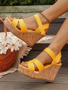 Elegant Women's Open Toe Wedge Sandals, Minimalist Chic High Heel Sandals For Daily Wear And Outings - Yellow - View 5