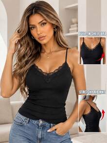 ChicMe Women's Lace Patchwork V-Neck Camisole With Built-In Padded Bra, Stretchy Slim Fit Casual Tank Top - Black - View 5