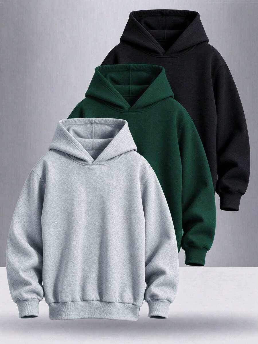 3pcs Teen Boys Casual Solid Color Minimalist Versatile Pullover Sweatshirt With Kangaroo Pocket Fleece Lining Spring/Autumn (Actual Size Runs Small, Recommend Ordering One Size Up Based On Image Effect) - Multicolor - View 1
