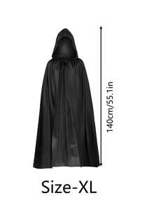 Multi-Size Unisex Black Hooded Long Cloak, Halloween Cosplay Satin Cape, Wizard Vampire Witch Tie-Up Full-Length Robe, Costume Party, Stage Performance, Gothic Outfit Accessory, Suitable For Adults And Teens - Cloak - View 9