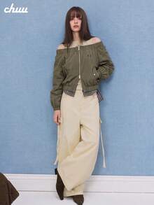 CHUU Women's One-Word Collar Long Sleeve Jacket, Autumn Double Zipper Unique Loose Fit Outerwear - Olive Green - View 3
