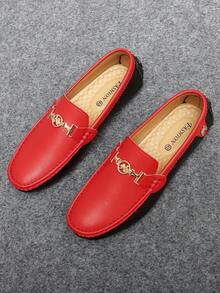 GAISIMA Men's Colorblock Loafers, Gold Metal H-Buckle Slip-On Shoes, Business Casual Driving Shoes, Suitable For Spring And Autumn Daily Wear - Black and Red - View 3
