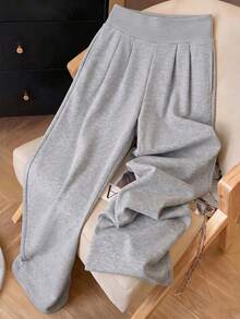 Teen Girls Light Gray High Waist Pleated Wide Leg Sweatpants, Loose Drapey Floor-Length Casual Sporty Lounge Pants - Light Grey - View 7