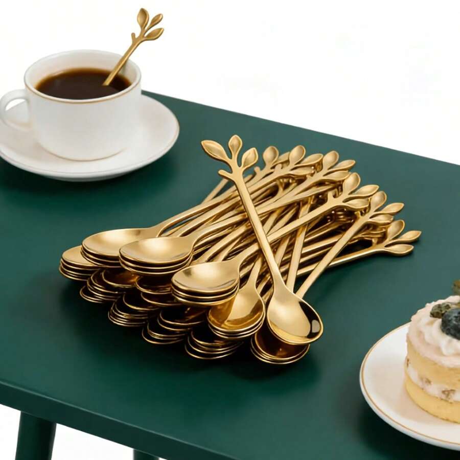 Mini Leaf Coffee Spoon, 10/20/30/40Pcs Stainless Steel Stirring Teaspoon, Multi-Purpose Dessert Fruit Appetizer Spoon For Wedding Christmas Party, Holiday Gift & Stocking Fillers