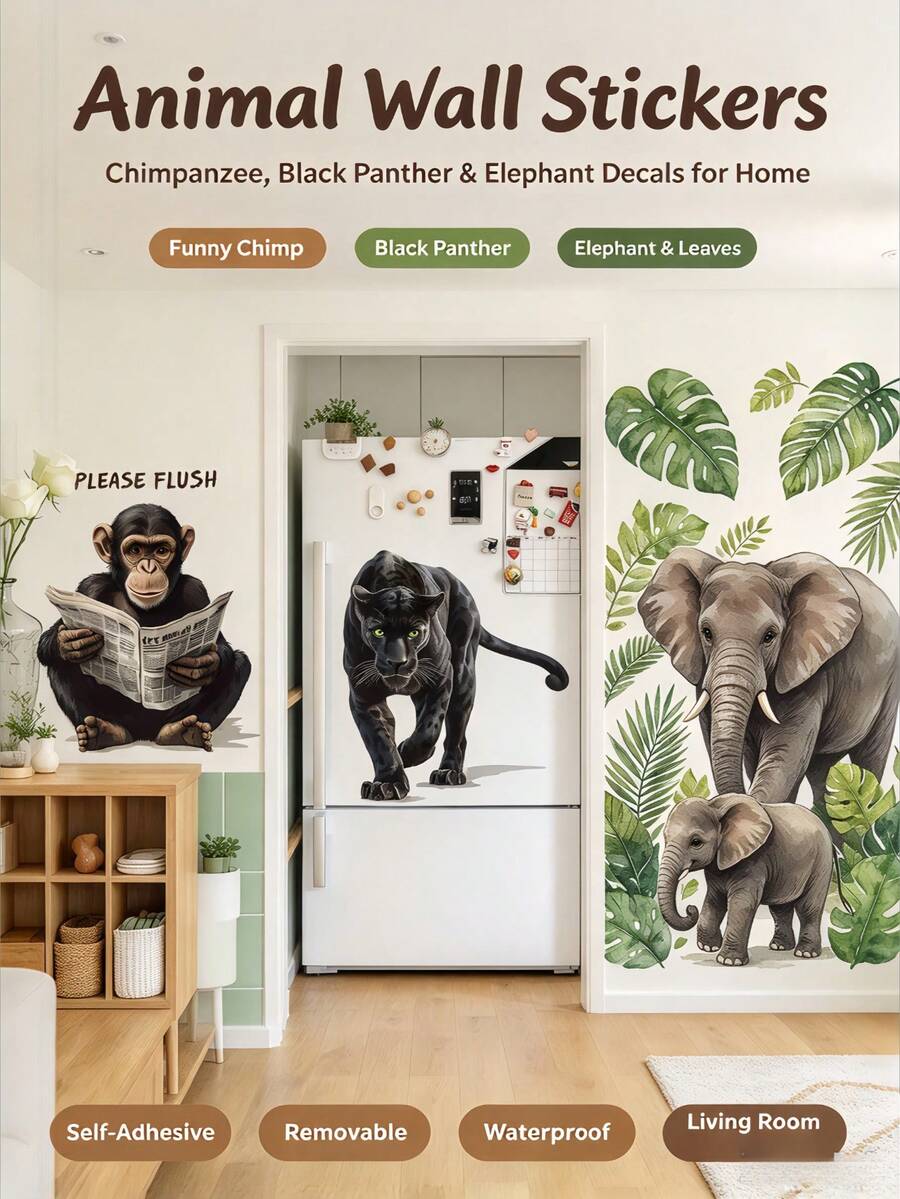 1PC Fun Animal Self-Adhesive Wall Sticker, Removable Waterproof PVC, Realistic , Gorilla, Elephant, Tropical Leaf Decals For Living Room, Bedroom, Playroom, Bathroom, Fridge, Entryway, Home Wall Decor - Wall Stickers - View 1
