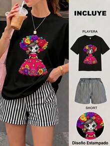 Women Two-Piece Outfits - 2 Black T-shirt With Black and White Striped Shorts - View 1