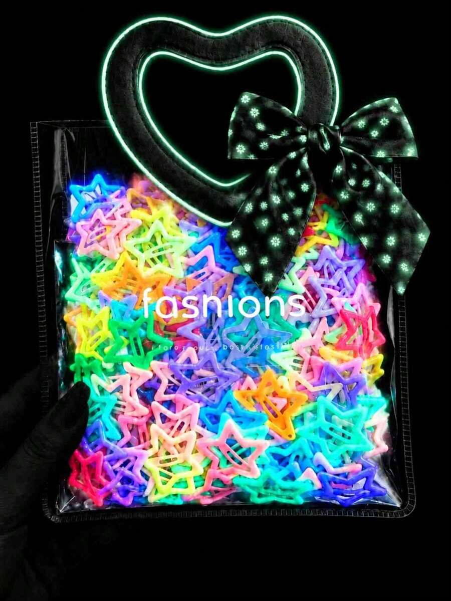 20/40/60pcs Colorful Glow-In-The-Dark Star Hair Clips, Glowing Five-Pointed Star Bangs Side Hair Clips, Women's Fluorescent Hair Accessories, Suitable For Daily Wear, Travel, Night Out, Multi-Color Random Assortment - Glow-in-the-dark - View 1