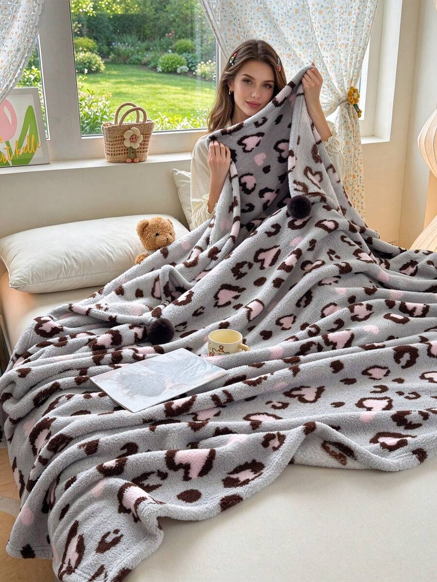 1pc Cute Heart Leopard Print Pom Pom Decor Throw Blanket, Soft Warm Lamb Fleece Bed Blanket, Comfortable Home Sofa Decor Blanket, Suitable For Office, Sofa, Bedroom, Multiple Size Options, Machine Washable