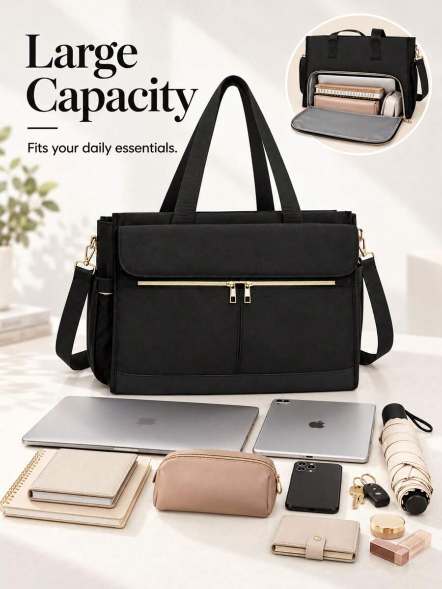 Women's Lunch Bag With 15.6 Inch Laptop Compartment, Insulated Tote Bag, Waterproof Work Tote Bag With 40oz Side Pocket - Black - View 1