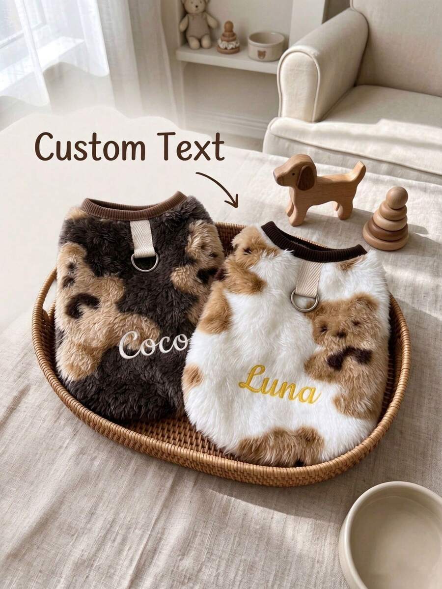 Customized Name Embroidered Bear Pattern Pet Vest, Thickened Warm Plush Sleeveless Dog & Cat Outfit, With D-Ring For Leash, Cute Winter Holiday Small Pet Gift - Multicolor - View 1