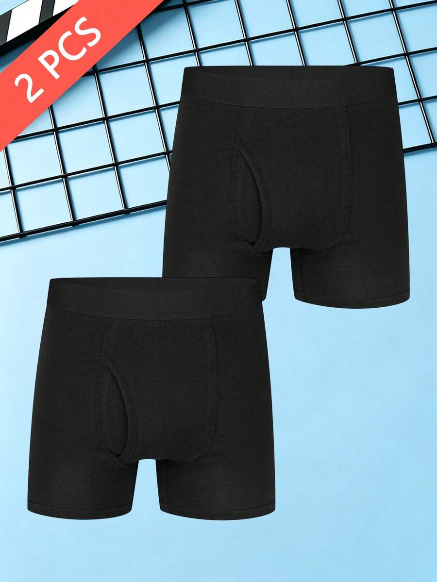 2pcs 95% Cotton Men's Boxer Briefs, Simple Basic Daily Men's Underwear - Black - View 1