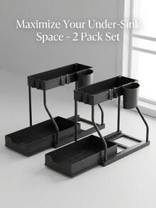 1/2pcs Double-Layer L-Shaped Under-Sink Pull-Out Storage Rack With Sliding Drawer, Black/White Organizer Shelf, Multi-Functional Cabinet Storage Rack With Hooks And Storage Cup, Sliding Drawer Organizer For Bathroom And Kitchen Under-Sink - Multicolor - View 7