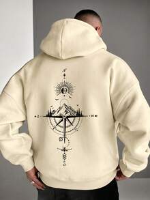 Men's Autumn/Winter Casual Versatile Fashion Mountain Cross Compass Print Kangaroo Pocket Drawstring Hoodie - Apricot - View 3