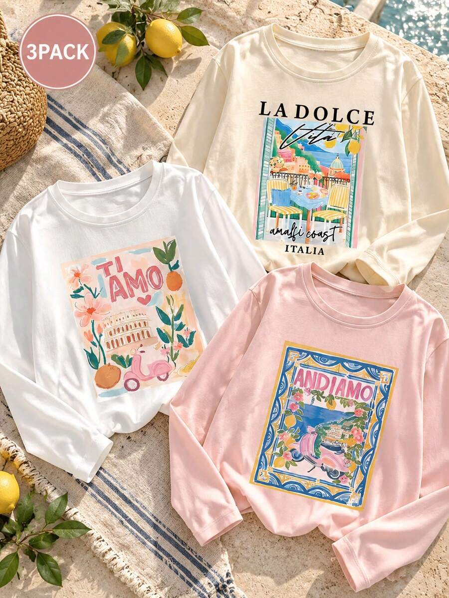 Tween Girl 3pcs Printed Long Sleeve T-Shirt, Suitable For Tween GirlsAutumn/Winter Tops, Young Student Children's Wear, Suitable For Outerwear And Layering - Multicolor - View 1