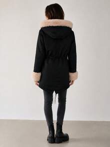 Women's 2-In-1 Winter Parka With Fixed Hood, Fur Lining, Detachable Fur Cuffs, Zip And Snap Fastening, Drawstring Waist, Winter - Black - View 3