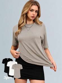 3pcs Women Casual Loose T-Shirts, Round Neck Short Sleeve Basic Tees For Summer Sports - Mocha Brown - View 1