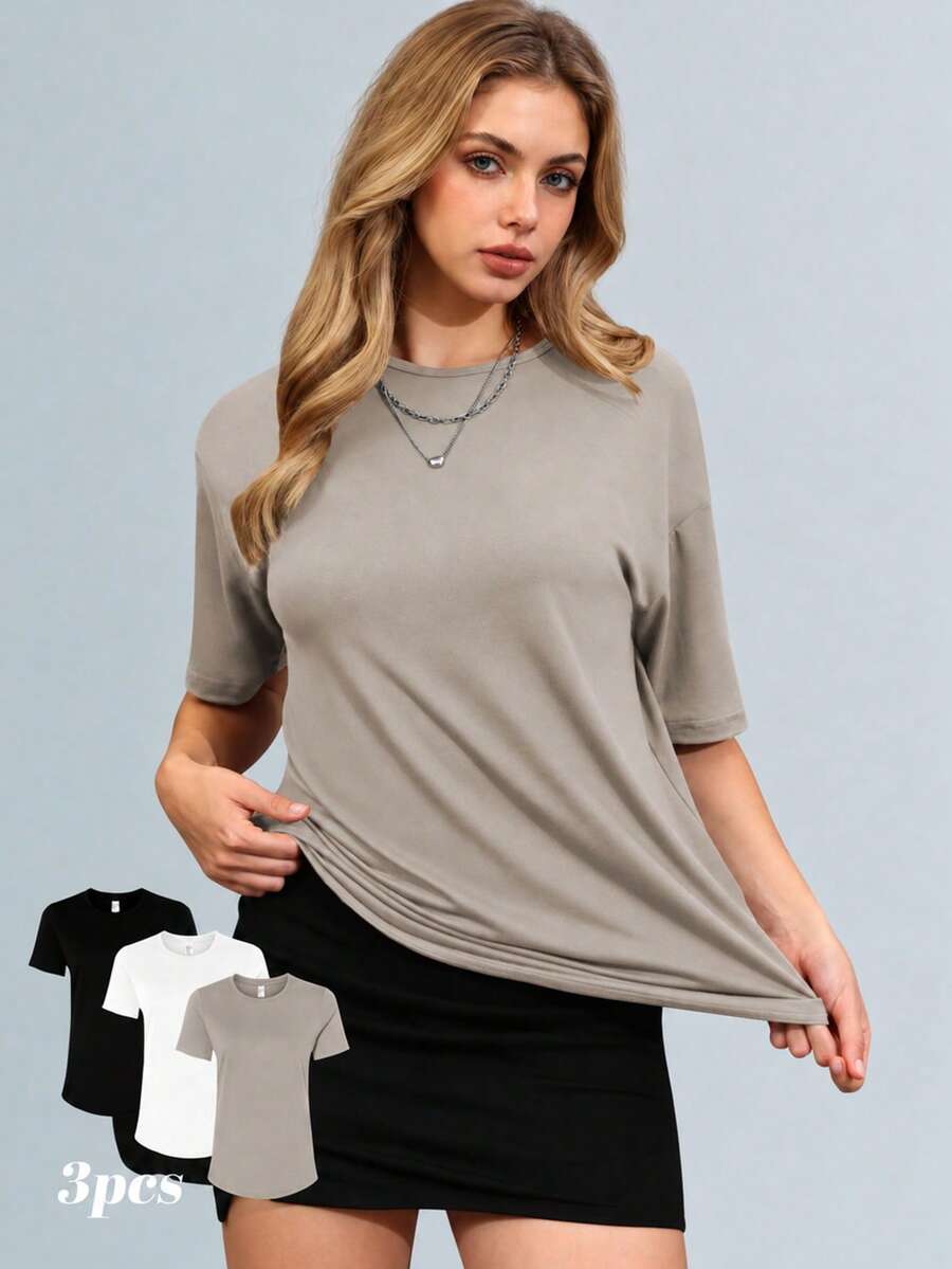 3pcs Women Casual Loose T-Shirts, Round Neck Short Sleeve Basic Tees For Summer Sports - Mocha Brown - View 1
