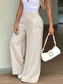 GLAMSKIN Fall Women High Waist Textured Wide Leg Linen Blend Pants,Stitch Detail Loose Palazzo Trousers With Pockets,Casual Summer Pants - Light Coffee - View 3