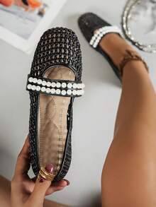Pearl Decor Woven Hollow Mary Jane Flat Shoes For Women, Breathable Shallow-Cut Soft Sole Versatile Slip-On Loafers - Black - View 2