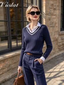 Vuslat Women's Preppy V-Neck Fitted Cable Knit Sweater Top, Suitable For Party, Shopping, Back To School, Christmas, Commuting And Work - Navy Blue - View 2
