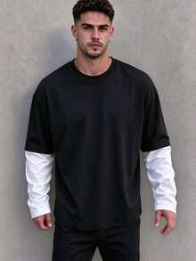 ZYNTH BALENO Men's Autumn/Winter 2-In-1 Crew Neck Long Sleeve T-Shirt, Suitable For Sports, Classic Solid Color - Black - View 3