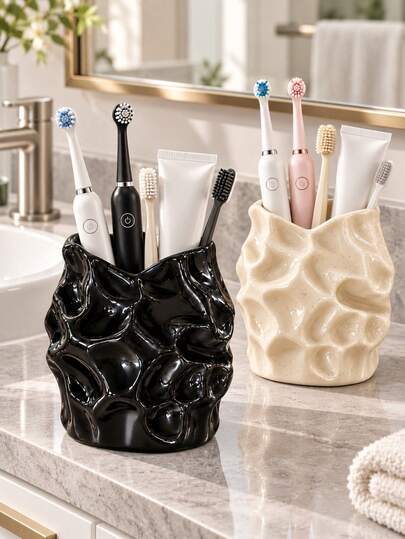 1 peça Suporte para Escova de Dentes com Textura Ondulada, Copo de Arrumação Assimétrico para Bancada de Casa de Banho, Organizador Multifuncional para Penteadeira, Suporta Pasta de Dentes e Pincéis de Maquilhagem, Decoração Moderna para Secretária