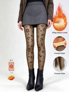 Women's Leopard Print Thermal Lined Faux Translucent Tights, High Waist Tummy Control Butt Lifting Warm Slimming Anti-Snagging Leggings For Autumn/Winter - Multicolor - View 13