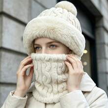 HUAJUN 1pc Women's Pineapple Pattern Pom Pom Knit Hat With Neck And Face Protection, Soft Fleece Warm Hat, Suitable For Cold Weather, Comfortable And Warm, Combining Winter Fashion And Comprehensive Warmth. - Hat - View 2