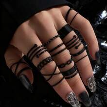 16pcs Dark Minimalist Geometric Rings Punk Street Style Silhouette Cross Chain Punk Rings For Women - Black - View 7