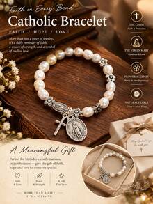 1pc Faux Pearl Beaded Flower Cross Virgin Mary Charm Bracelet, Fashion Vintage Style, Suitable For Daily Wear, Jewelry Gift - Multicolor - View 2