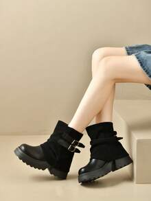 Vintage Stacked Cuff Motorcycle Boots For Women, Faux Suede & Leather Mix Buckle Platform Boots, Streetwear Ankle Booties - Black - View 3