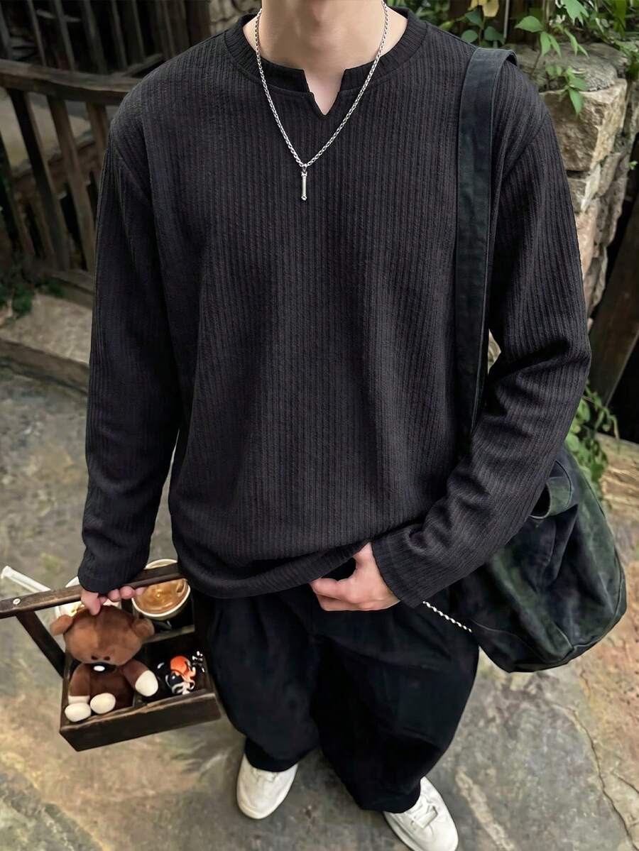 1pc Men's Black Vertical Textured Collar Small V-Notch Crew Neck Drop Shoulder Loose Fit Solid Color Minimalist Basic Long Sleeve T-Shirt, Suitable For Daily Commute, Street Casual Outfits - Black - View 1