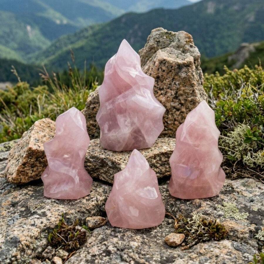 1pc High Quality Random Natural Rose Quartz Torch Carving, Light Luxury Crystal Decor, Creative Small Ornament For Living Room, Desk - Pink - View 1