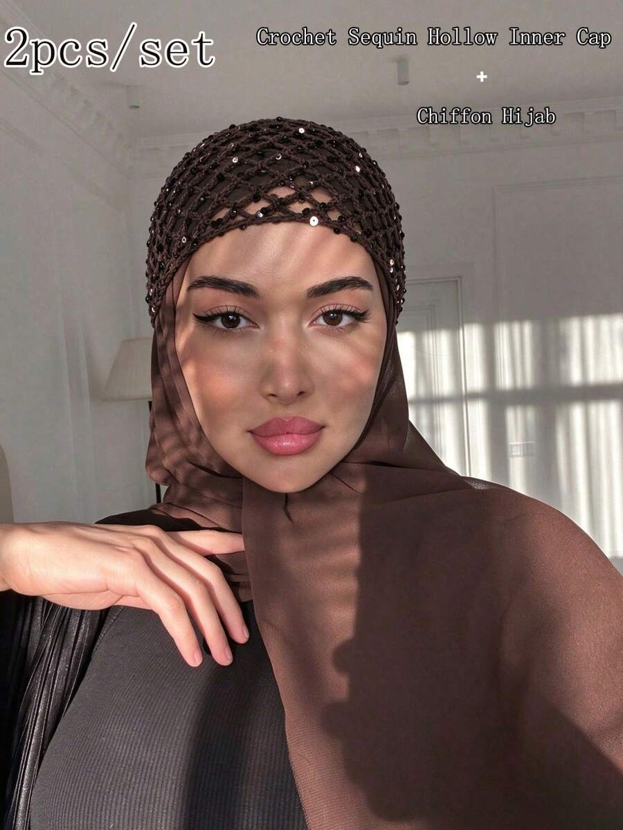 2pcs Muslim Hijab Set, 1pc Crochet Sequin Hollow Inner Cap + 1pc Solid Color Chiffon Long Hijab, Women's Islamic Headwear