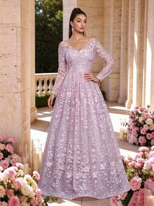 Elegant Summer/Autumn Pink V-Neck Semi-Sheer Camisole Long Sleeve Embroidered Floral A-Line Dress, Suitable For Wedding, Party, Ball, Festival, Birthday - Pink - View 1