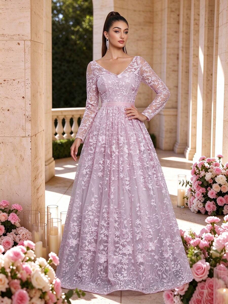Elegant Summer/Autumn Pink V-Neck Semi-Sheer Camisole Long Sleeve Embroidered Floral A-Line Dress, Suitable For Wedding, Party, Ball, Festival, Birthday - Pink - View 1