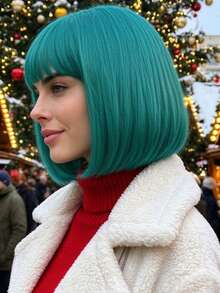 12 Inch Blue-Green Straight Hair With Bangs Women's Wig, High Density Heat-Resistant Fiber, Versatile Daily Party Fashion Wig, Suitable For All Women's Christmas Costume Use. - Cyan - View 3
