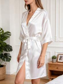 1pc Customized Face & Text Print Women's Robe, Personalized Merry Christmas Photo Design, Home Pajamas Bathrobe, Holiday Gift For Wife - White - View 3