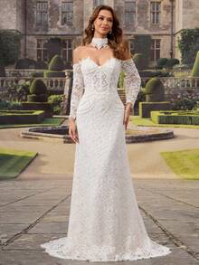 HEARBOBO Elegant Off-Shoulder Short Sleeve Long Wedding Dress, Romantic Contrast Color Sequin Embroidery With Mesh Fabric, Ideal Choice For Modern Brides - White - View 5